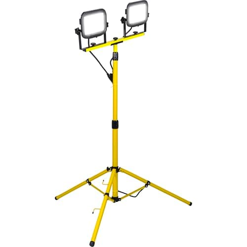 Image of Luceco Tripod Work Site LED Light with Twin Adjustable Heads, Foldable, 3m Cable, Yellow, IP65, 2 x 20W, 2 x 1900lm, 110V, 5000K, LSLTTW2201V