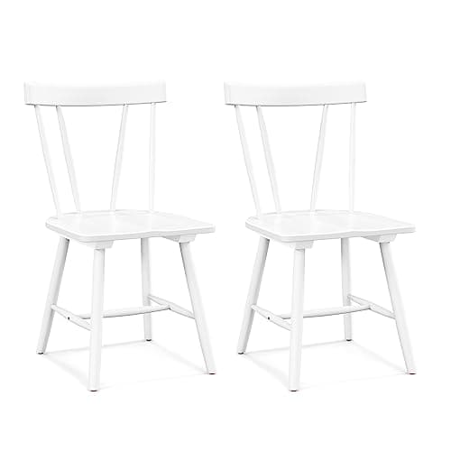 Image of COSTWAY Dining Chairs Set of 2, Rubber Wood Kitchen Chairs with Spindle Back and Wide Seats, Windsor Side Leisure Seat for Living Room Restaurant Cafe (White)