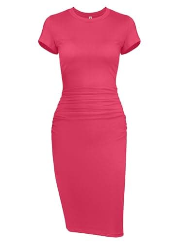 Image of Missufeintl Women's Bodycon Ruched Short Sleeve T Shirt Midi Sundress Fitted Casual Dress, Hot Pink, S