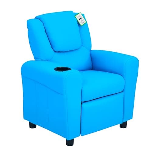 Image of HOMCOM Kids Recliner, PU Leather Kids Armchair, Child Chair, Toddler Armchair with Adjustable Backrest, Footrest, Padded Headrest, Cup Holder, Blue