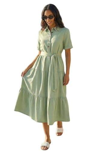 Image of Roman Shirt Dress for Women UK Ladies Short Sleeve Sleeveless Belted Collared Midi Maxi Summer Spring Smart Casual Button Evening Office A Line Swing Skater - Sage - Size 18