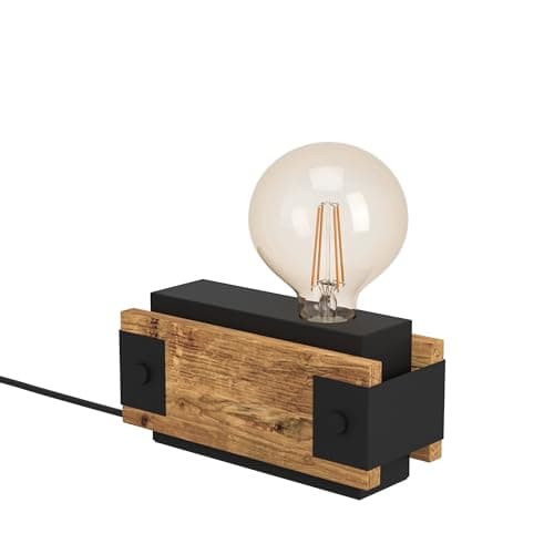 Image of Eglo Layham Table Lamp, 1 Bulb Table Lamp, Vintage, Industrial, Retro, Bedside Lamp Made of Steel and Wood, Living Room Lamp in Black, Natural, Lamp with Switch, E27 Socket
