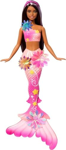 Image of Barbie Mermaid Toy Dolls with Surprise Magic Blooming Flowers Feature, Ombre Tails, Pearl Headband Accessory & Long Brown Hair with Purple Highlights, JDM73