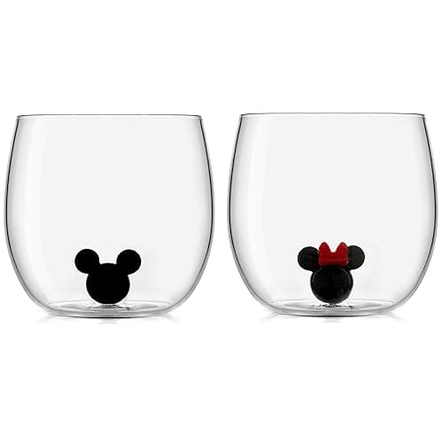 Image of JoyJolt Disney Mickey Mouse Icon Stemless Wine Glass Set of 2. 12 oz Tumbler Glass Cups. Colored Glassware. Disney Gifts, Disney Collectibles for Adults