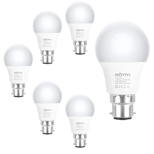 Image of ROTTYI B22 Bayonet Light Bulbs 60W Equivalent, Cool White 6500K Daylight Bulbs, 8W 880LM LED Bulb, BC A60 GLS Energy Saving Lightbulbs, Classic Shape Non-dimmable, Pack of 6