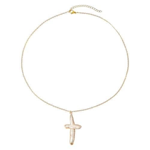 Image of Mikovivi Pearl Cross Necklace, Freshwater Pearls Necklace Baroque Pearl Necklace Chunky Cross Pearl Necklace Cross Chain for Women Girl (Gold)