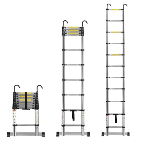 Image of Multibao Telescopic Ladder 3.2M 10.5FT Aluminium Extension Loft Ladder with Stabilizer Bar and Detachable Hooks, Multi Purpose Extendable Portable Folding Ladders, EN131 (3.2M/10.5FT)
