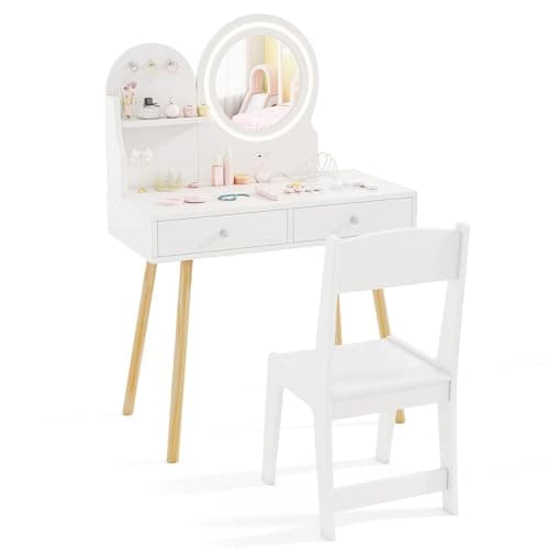 Image of COSTWAY Kids Dressing Table, Girls Vanity Set with Stool, 2-Color LED Lights Mirror, Drawers, Storage Shelf and Hooks, Make Up Pretend Dresser Desk Chair Set