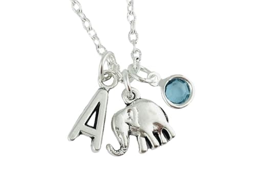 Image of Generic Personalised Elephant Necklace, Sterling Silver or Silver Plated Chain Initial Birthstone Crystal Animal Jewellery Nature Lover Birthday Gift Good Luck
