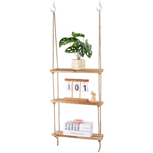 Image of PH PandaHall Wooden Hanging Shelves for Wall 3 Tier Wall Shelves Macrame Plant Hanger Hanging Boho Plant Rope Shelf Floating Shelf for Plants Living Room Bedroom Boho Bathroom Decor
