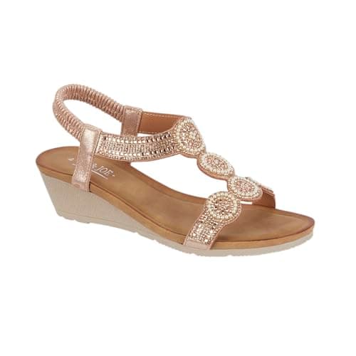 Image of Jo & Joe Ladies Mid Heel Wedge Comfort Sandal with Glitzy Jewels and Elasticated Slingback Strap, Flexible sole sizes 4-8 (Rose Gold 5, UK Footwear Size System, Adult, Women, Numeric, Medium, 5)