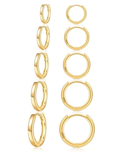 Image of JEMARA 5Pairs 14K Gold Plated Hoops Earrings for Women Hypoallergenic Gold Huggie Hoop Earrings Dainty Piercings Cartilage Hoop Earrings Set 8/10/12/14/16MM