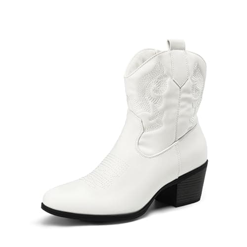 Image of DREAM PAIRS Women's Western Cowboy Cowgirl Embroidered Ankle Boots Fashion Low Chunky Heel Round Toe Fall Short Booties Shoes,Size 7,White,SDAB2432W