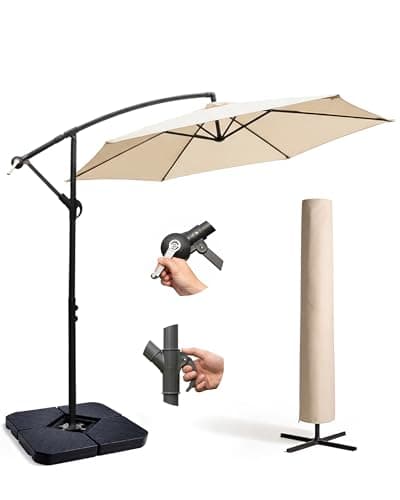 Image of KEPLIN 3M Cantilever Garden Parasol with 4pc Fillable Base Set – 6 Ribs 180GSM UV Resistant Water Repellent Umbrella - Crank Handle, Heavy Duty Outdoor Patio Shade, with Cover & 4pc Fillable Base
