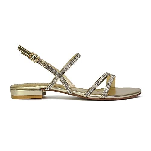 Image of ESSEX GLAM Womens Strappy Sandals Ladies Low Flat Heel Sparkly Diamante Straps Summer Holiday Dressy Gold Shoes Size 5