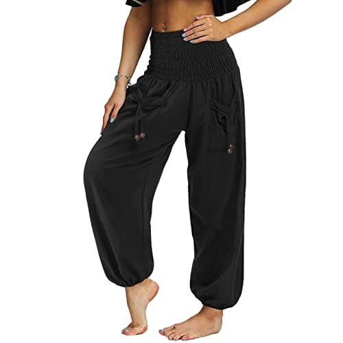 Image of Nuofengkudu Women's Pleated Hight Waist Trousers with Pockets Loose Retro Plain Lightweight Hippie Bloomers Harem Yoga Pants Comfy Leisure Lounge Wear Summer Holiday Streetwear Black S
