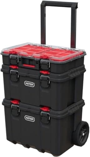 Image of Keter Stack n' Roll Modular DIY Tool Storage System Cart with Wheels, Stackable, Lightweight, Durable, Water Resistant, Black
