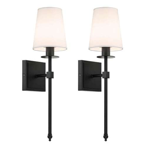 Image of XiNBEi Wall Lamps Set of 2, Vintage Black Sconces Wall Lighting with Flared White Linen Fabric Lampshade E14 Indoor Wall Light for Bedroom Bedside Hallway & Living Room NL-W1307-MB
