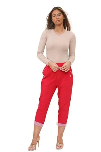 Image of AR Paris Fashions® Women Cherry Berry Turn Up Stripe Cropped 3/4 Length Trouser, Ladies Stretch Fit Elasticated Waist Summer Short Pants (Red, 16)