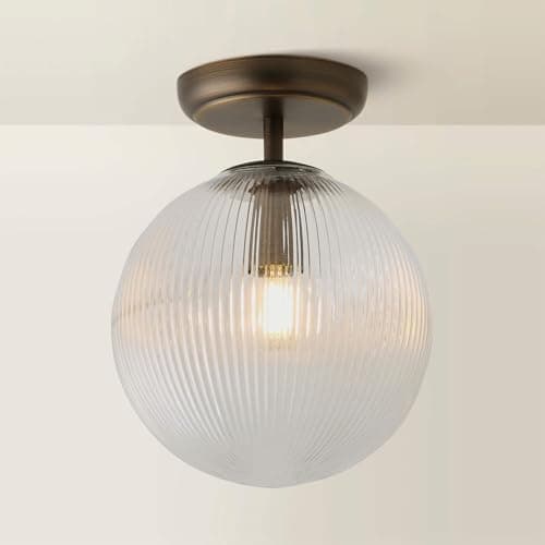 Image of ValueLights | Kempton Brushed Brass Ribbed Glass Globe Shade Flush Ceiling Light with Bulb | Ceiling Lights, Home Décor & Improvement Essential | Mains Wired