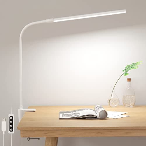 Image of Lepro Desk Lamp Clamp, 460lm Eye-Caring Clip on LED Desk Light, 10 Levels Dimmable, USB Powered Bedside Lamp, 3 Modes Gooseneck Task Light for Nails, Crafts, Studying & Home Office, White