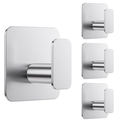 Image of Aikzik Large Self Adhesive Hooks 4 Pack, Over 10kg Load - Stick on Hooks Heavy Duty Stainless Steel, Strong Sticky for Hanging Towel, Coat, Robe, Tea Towel Holder on Bathroom, Kitchen, Door and Wall