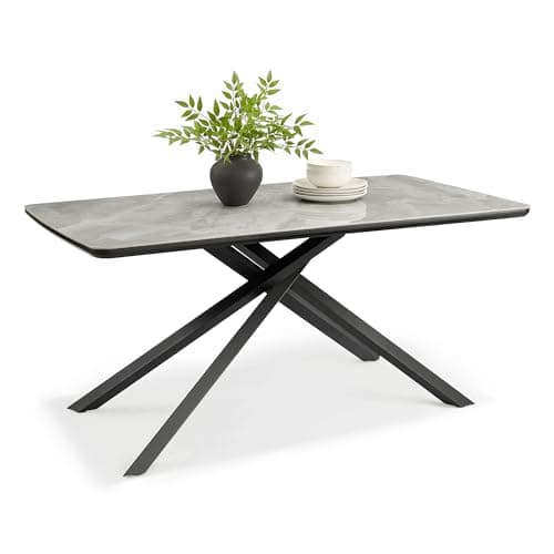 Image of Spinningfield Dining Table - 6 Seater Kitchen Table for Dining Room - Rectangular Grey Marble Effect Dinner Tabletop for 6 People - Modern Sintered Stone & Black Cross Legs - W160 x D90cm - Atherton