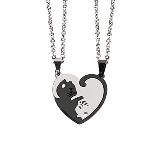 Image of CERSLIMO Couple Matching Necklace for Boyfriend Girlfriend Best Friends, 2 PCS Couple Necklaces | Cat Puzzle Pendant Necklaces Birthday Christmas Day Gifts, Heart Shaped Silver & Black