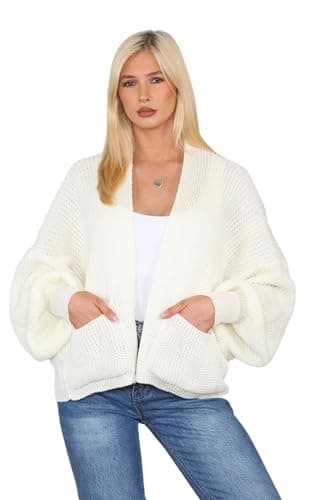 Image of WearAll Women's Ladies Oversized Cardigan Balloon Sleeve Baggy Boyfriend Chunky Ribbed Open Knitted Pocket Warm Casual Plain Winter Jumper Sweater Top Cream UK 8-18
