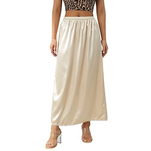 Image of Qianderer Women's Satin Half Slip Solid Long Underskirt Skirt Slip Long Slips Petticoat for Under Dresses Lingerie Skirt (Ba Champagne, L)