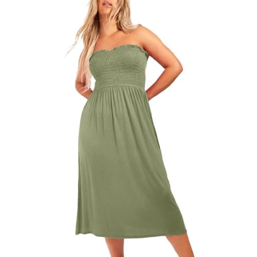 Image of NetSetUK Women's Strapless Sheering Boob Tube Gather Oversized Plus Size Elasticated Bust Bandeau Plain Beach Summer Sleeveless Top Midi Dress for Ladies 8-22 Khaki