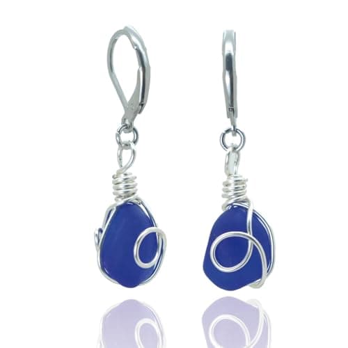 Image of PEPELUALI Handmade Sterling Silver Sea Glass Wire Wrap Drop Earrings Jewelry (Cobla Blue),Beach Earrings, Summer Gift, Ocean Jewelry Inspirational Gifts for Women, Mom, Sister