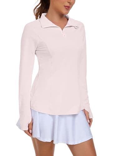 Image of IWOLLENCE Running Top Womens UPF 50+ UV Loose Fit Ladies Golf Sports Tops Workout Gym Clothes Long Sleeve Rash Vest 1/4 Zip Activewear with Thumb Holes and Right Side Pocket (Light Pink, M)