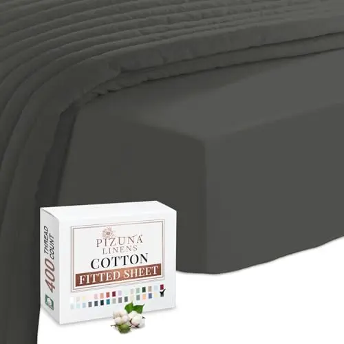 Image of Pizuna 100% Cotton Super King Fitted Sheet Dark Grey, 400 Thread Count Long Staple Cotton Fitted Sheet 180x200 cm, Sateen Weave Superking Fitted Sheet Extra Deep 40 cm Fit 1 PC