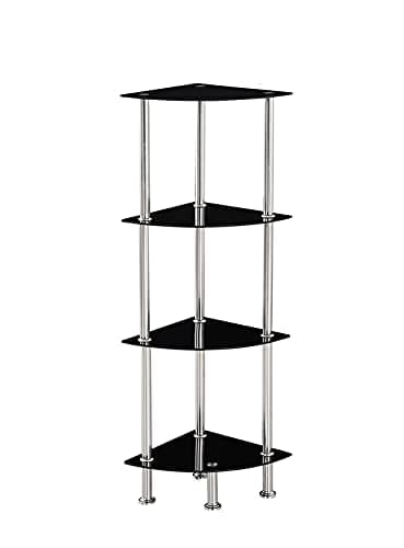 Image of Modernique Glass Shelf Tier Storage Unit, Corner in Black or Clear Glass with Chrome Stand, Shelving Unit (Black, Tier 4)
