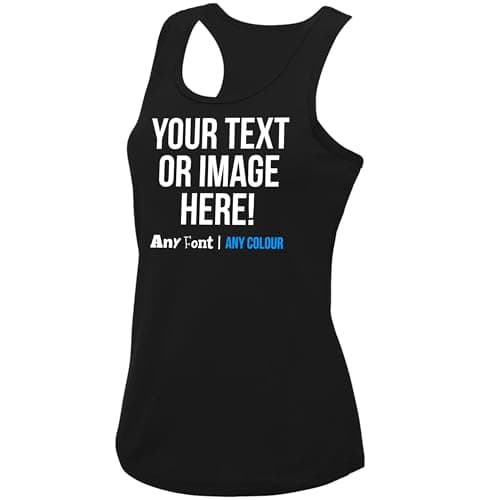Image of Womens Custom Activewear Vest Polyester Ladies Sports Tank Top Her Any Text Image Personalised Printed Workwear Logo Marathon Photo, L, Black