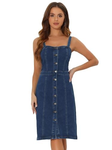 Image of Allegra K Button Down Denim Dress for Women's Sleeveless Sweetheart Neck Jeans Dresses Dark Blue M