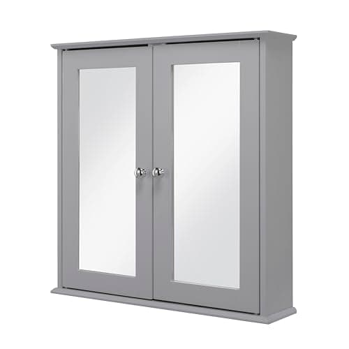 Image of Croydex Ashby Grey Wooden Cabinet for Bathroom - Double Door Bathroom Mirror Cabinet with 2 Adjustable Shelves and Easy Hang 'n' Lock Installation (58 x 56cm)