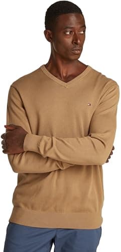 Image of Tommy Hilfiger Men’s V-Neck Essential Cotton Jumper, Beige (Safari Canvas), M