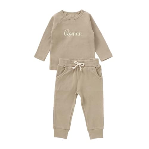 Image of cribstar Personalised Baby Ribbed Tracksuit Set Organic Cotton Custom Embroidered Name 2 Piece Outfit Toddler Boys Girls Unisex Gift (Almond, 12-18 months)