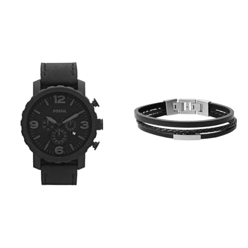 Image of FOSSIL Men's Nate Black Leather Watch and Townsman Bracelet, Set