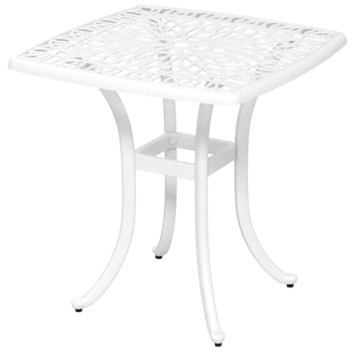 Image of Outsunny Square Small Garden Table, Cast Aluminium Garden Coffee Table with Parasol Hole, Outdoor Side Table for Patio, Balcony, Poolside, 53 x 53 cm, White