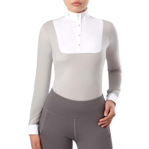 Image of Harrison Howard Women's Equestrian Long Sleeve Riding Top Show Shirt Patchwork Design, Light Grey, L