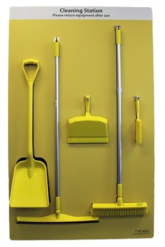 Image of The Lean Warehouse Cleaning Station Shadow Board - 105 x 170 cm - Includes Tool Hooks, Shovel, Squeegee, Broom, Dustpan and Brush (Yellow)