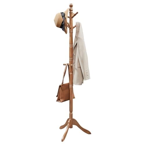 Image of VASAGLE Coat Rack Stand, Coat Tree with 10 Hooks for Hats, Bags, Purses, Free Standing for Hallway, Rubberwood, Caramel Brown RCR03WN