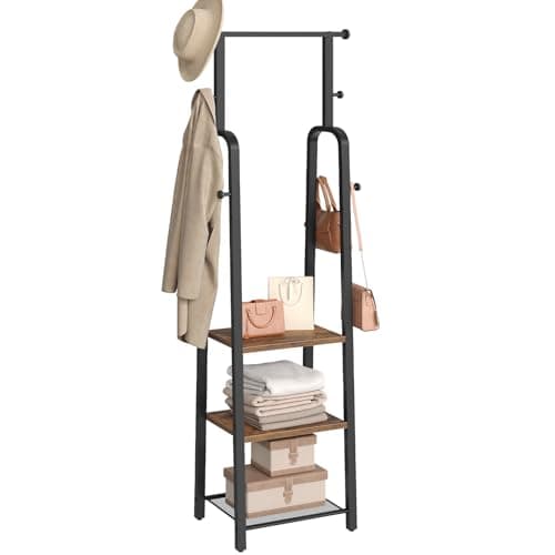 Image of MAHANCRIS Coat Rack, Freestanding Coat Stand with Hanging Rail, Industrial Clothes Rack with 3-Tier Shelf & 8 Hooks, for Hallway, Entryway, Bedroom, Black and Rustic Brown ACRHR14901