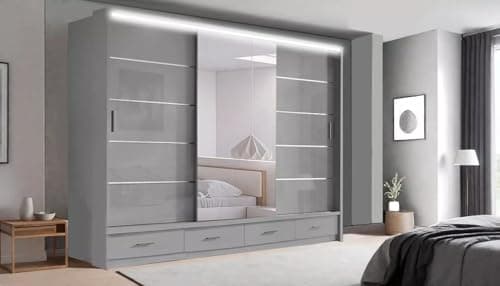 Image of IE INTERIOR EMPORIUM Florence High Gloss 2 and 3 Sliding door wardrobe in 3 colors & 2 sizes 205cm/256cm (256cm, Grey)