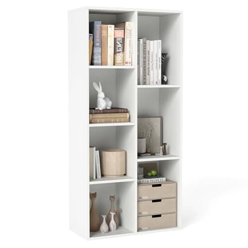 Image of COSTWAY 7/11-Cube Bookcase, Wooden Book Storage Organizer Display Cabinet with Anti-tipping Kits, Freestanding Modern Geometric Bookshelf for Study Bedroom Living Room (7, White, 49 x 23 x 106 cm)