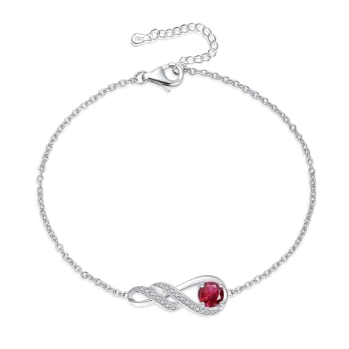 Image of LOCIBLO July Birthstone Bracelets for Women 925 Sterling Silver Red Created Ruby Bracelet White Gold Infinity Pendant Jewellery, 6.7"+1.2"