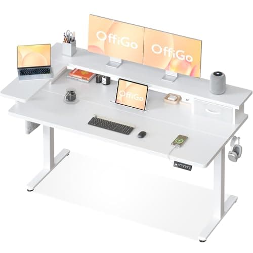 Image of OffiGo Standing Desk with Drawers, 140cm Height Adjustable Desk, Electric Standing Desk with Monitor Stand, Sit Stand Desk with USB Port, Ergonomic Computer Table for Home Office, White